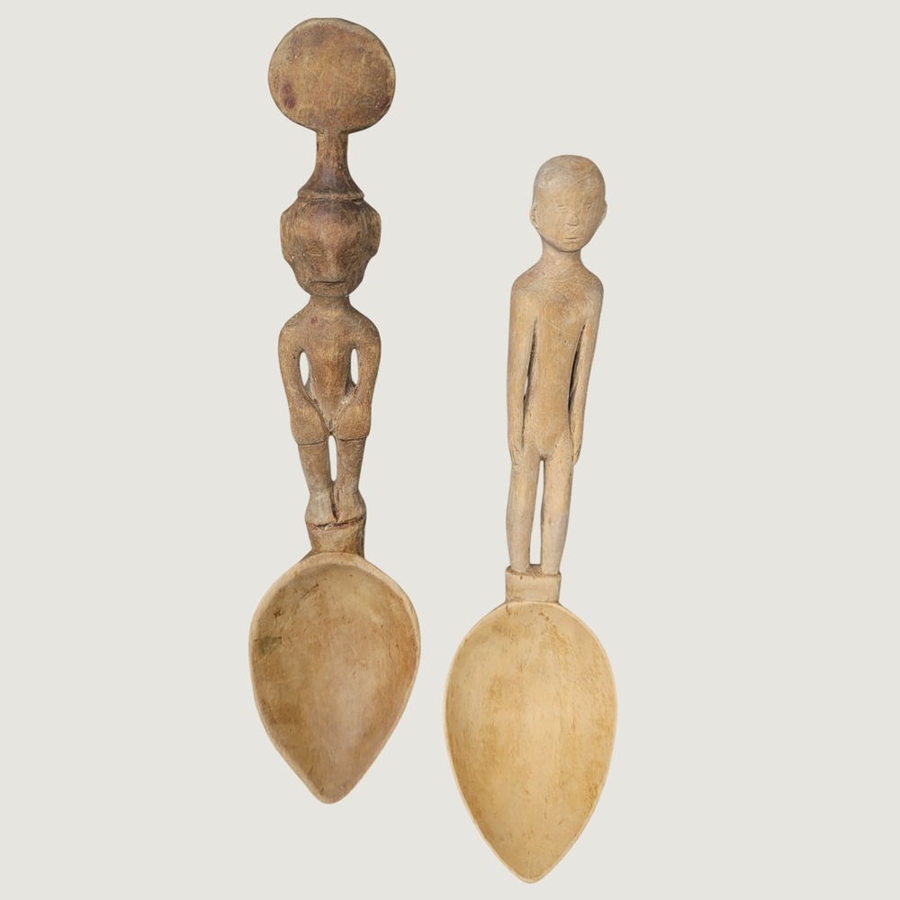 Vintage West African Hand-Carved Figural Wooden Spoons – Ghana / Ashanti Style